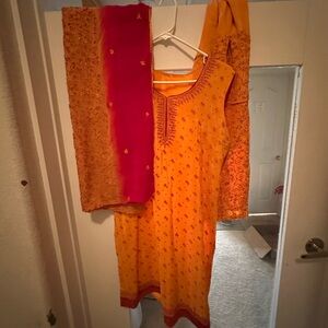 Embroidered Yellow-Orange Women's Kurti w Pajama and embroidered dupatta
